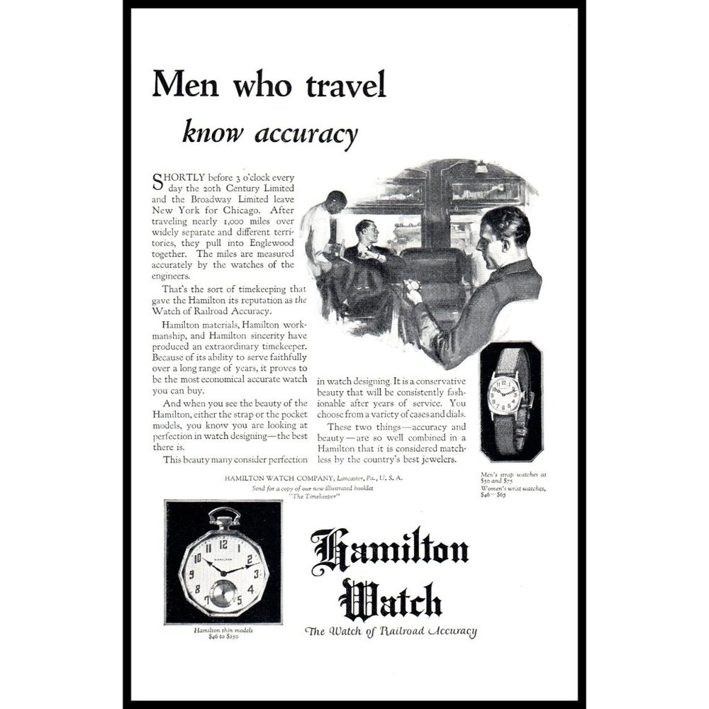 1924 Hamilton Watch Company Vintage Print Ad Businessman Railroad Travel Photo